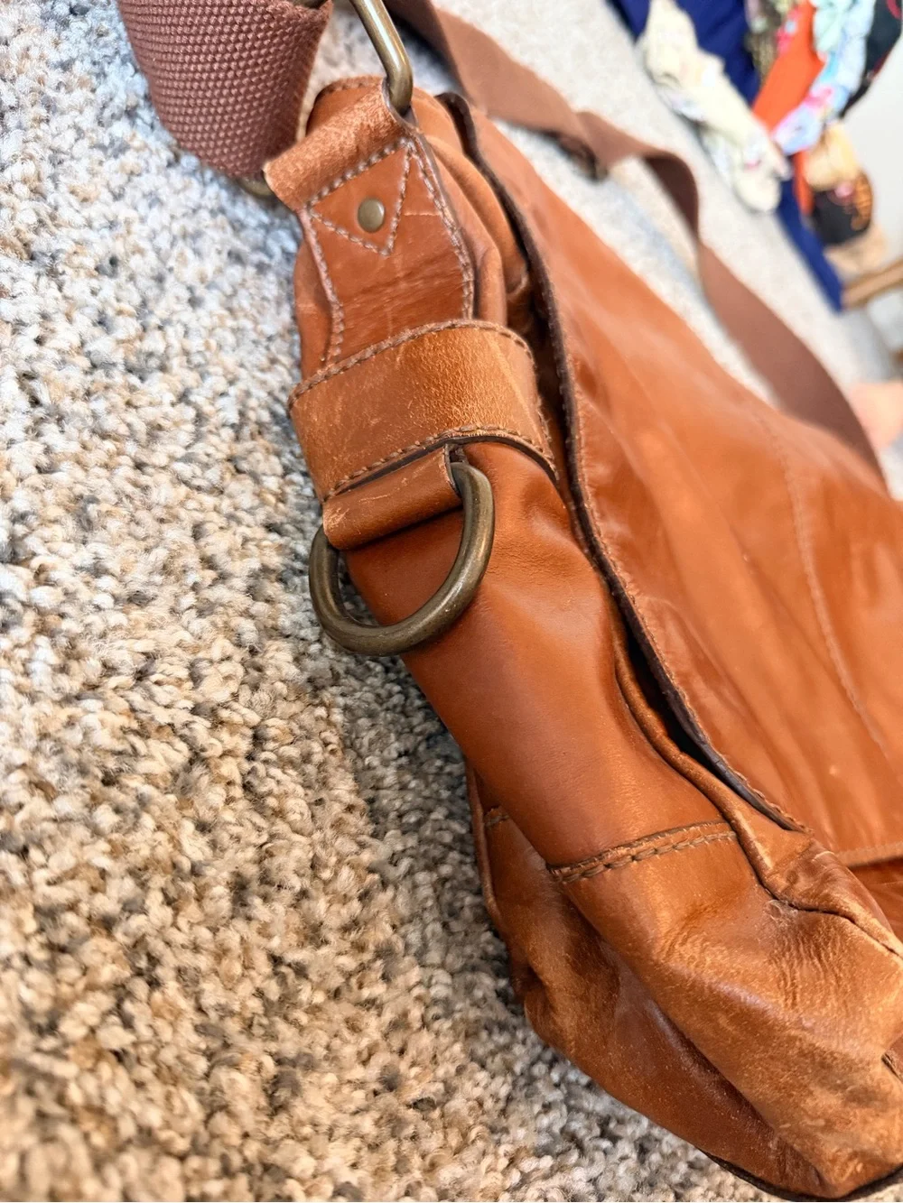 Fossil Cognac Brown Leather Messenger Bag with Adjustable Strap